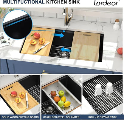 Lordear 30 Black Undermount Kitchen Sink Granite Composite 30X19 Inch Undermount Workstation Sinks Quartz Black Deep Single Bowl Sink