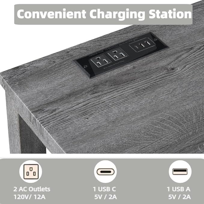 59 inch Bar Table and Chairs Set with Power Outlet,Industrial Counter Height Bar Table with 3 Padded Stools, 4 Pieces Space Saving Breakfast Table Set for Kitchen Dining Room,Grey