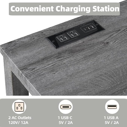 59 inch Bar Table and Chairs Set with Power Outlet,Industrial Counter Height Bar Table with 3 Padded Stools, 4 Pieces Space Saving Breakfast Table Set for Kitchen Dining Room,Grey