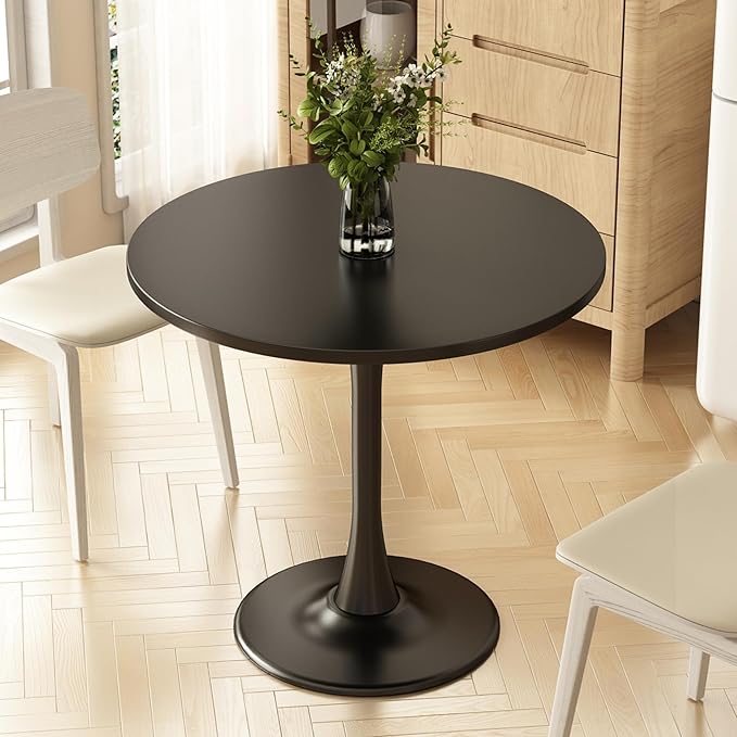 Round Dining Table 30.5" Circle Tulip Table with Wood Thickened Tabletop & Sturdy Metal Pedestal Mid Century Modern Leisure Bistro Kitchen Tables 4 People Small Places Living Room Cafe,Black