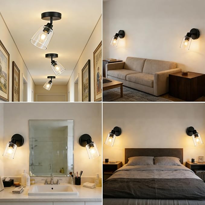 HiBay 1-Light Black Track Lighting Fixture, Ceiling or Wall Mount Adjustable Spotlight with Glass Shade, Modern Farmhouse Industrial Light for Bathroom Vanity, Bedroom, Hallway, E26 Base