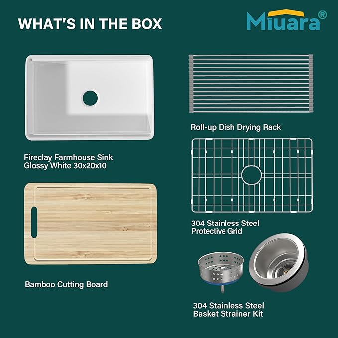 Miuara Farmhouse Workstation Sink 30 Inch for Kitchen - White Apron Front Fireclay Kitchen Sink Reversible 30"x20"x10", Farm House Style Heavy Duty Deep Single Bowl