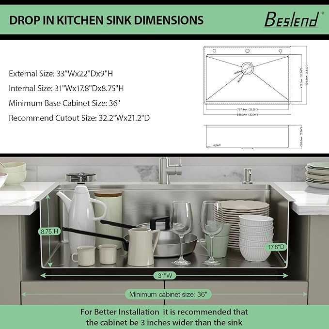33 Drop In Kitchen Sink - Beslend 33x22 Kitchen Sink Drop In Workstation with Faucet, Stainless Steel Sinks and Soap Dispenser Topmount 16 Gauge Single Bowl Above Counter Dish Basin 9" Deep