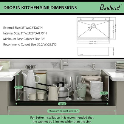 33 Drop In Kitchen Sink - Beslend 33x22 Kitchen Sink Drop In Workstation with Faucet, Stainless Steel Sinks and Soap Dispenser Topmount 16 Gauge Single Bowl Above Counter Dish Basin 9" Deep