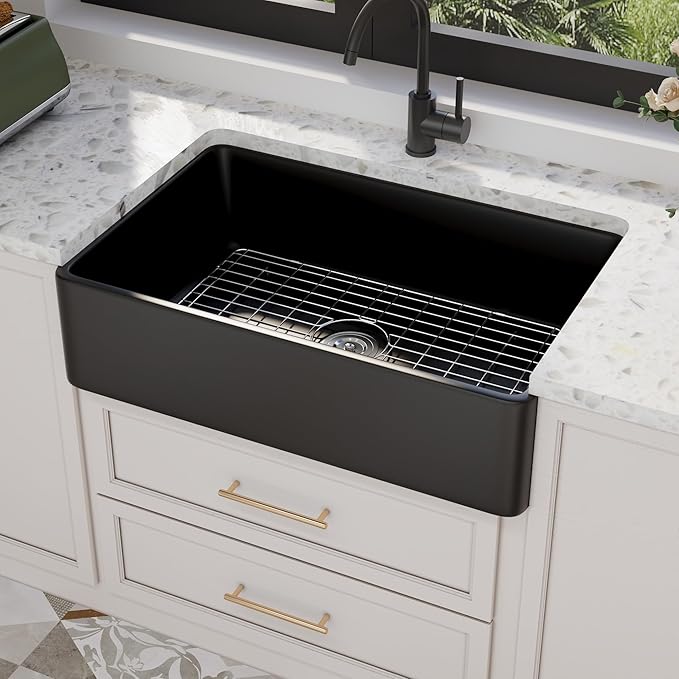 DeerValley Black Farmhouse Workstation Sink 33 Inch, Fireclay Apron Undermount Single Bowl Kitchen Sink with Accessories