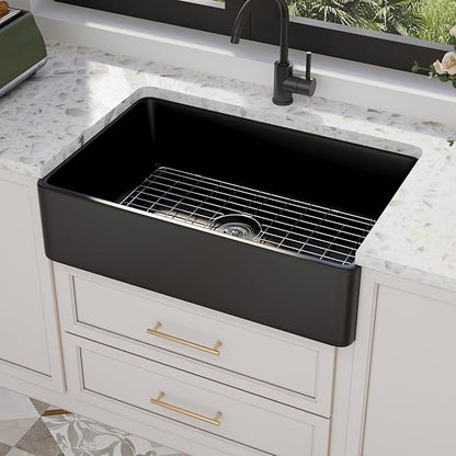 DeerValley Black Farmhouse Workstation Sink 33 Inch, Fireclay Apron Undermount Single Bowl Kitchen Sink with Accessories