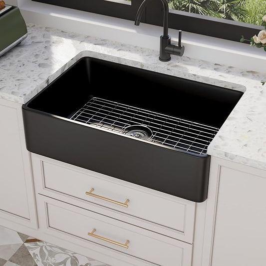 DeerValley Black Farmhouse Workstation Sink 33 Inch, Fireclay Apron Undermount Single Bowl Kitchen Sink with Accessories
