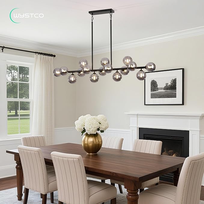 56 Inch Black Linear Chandeliers for Dining Room, Kitchen Island, Living Room, 16-Light Mid Century Modern Light Fixture Over Table, Large Smoke Grey Glass Globe Sputnik Bubble Chandelier