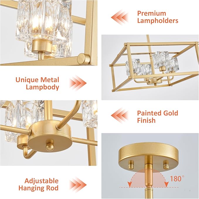 Modern Gold 4-Light Farmhouse Chandelier 15.7" Square Pendant Lighting Fixture Adjustable Height Ceiling Light for Kitchen Living Room Dining Room Hallway Bedroom Foyer