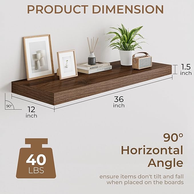 RICHFOCUS Deep Floating Shelves for Wall 2 Pack 12" D 36 Inch Wall Shelves for Room Wall|Wood Hanging Shelf with Invisible Brackets for Bathroom Bedroom Kitchen Laundry Room, Walnut