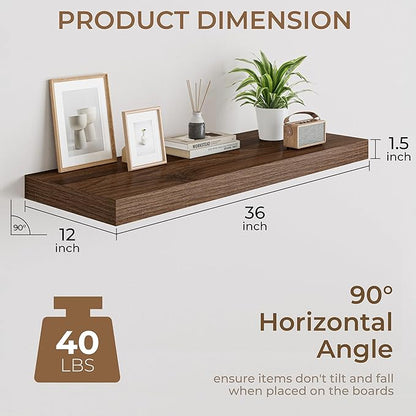 RICHFOCUS Deep Floating Shelves for Wall 2 Pack 12" D 36 Inch Wall Shelves for Room Wall|Wood Hanging Shelf with Invisible Brackets for Bathroom Bedroom Kitchen Laundry Room, Walnut