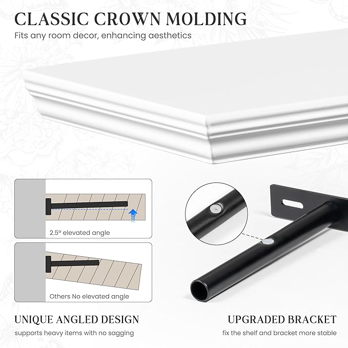 Fun Memories Floating Shelves 40 Inch Long, 9.3 Inch Deep Classic Crown Molding Floating Shelves for Wall, Rustic Wooden Shelves for Wall Decor Bathroom, Kitchen, Office, (White, 1Pack)