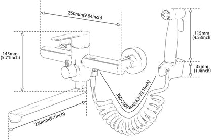 Kitchen Sink Wall Mount Faucet, Matte Black Commercial Faucet with Side Sprayer, Stainless Steel Mixer Tap, Unility Sink Faucet, 7.5-8.5 Inches Center, Spout Reach 9.2"