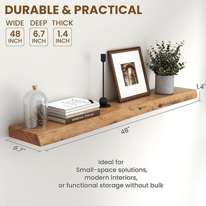 Rustic Elm Wood Floating Shelves 48 Inch, Wall Mounted Live Edge Floating Shelf for Bathroom Living Room Kitchen, Long Wooden Wall Shelves with Heavy-Duty Bracket for Books Decor Storage, Natural