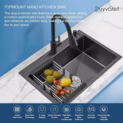 33 Inch Drop In Kitchen Sink, Top mount SUS304 Stainless Steel Nano Gunmetal Black Single Bowl Sink, Prep Kitchen, Bar 33 x 22 x 9 inch
