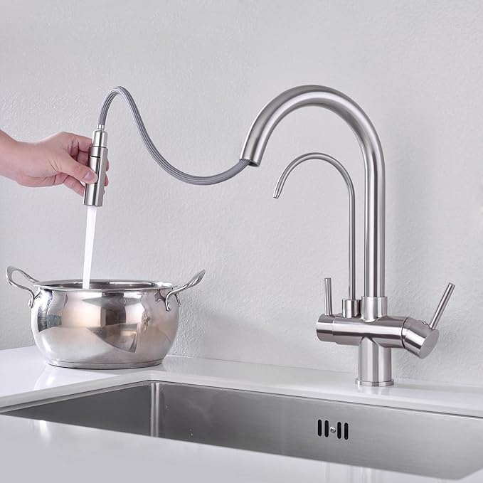 TUTEW Kitchen Faucet with Pull Down Sprayer, Kitchen Sink Faucet with Drinking Water Faucet,2 Handle 3 in 1 Water Filter Purifier Faucets,Brushed Nickel