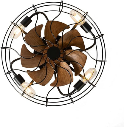 ZYD Caged Ceiling Fan with Light, 19" Caged Industrial Ceiling Fans with Lights and Remote Flush Mount, Small Farmhouse Ceiling Fan with Light Low Profile 6 Speed Reversible with Timing - Black