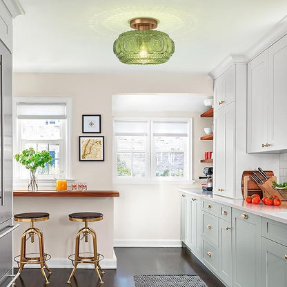 Semi Flush Mount Ceiling Light, Upgraded Larger Green Glass Ceiling Light Fixture, Vintage Lighting for Hallway Kitchen Bedroom Dining Room, Bulb Not Included