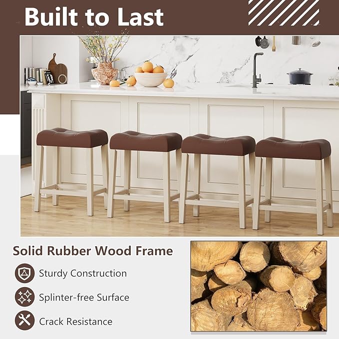Giantex 24" Bar Stools Set of 4, Upholstered Counter Height Saddle Bar Stools with Footrest and Wood Legs, Farmhouse Faux Leather Backless Barstools for Kitchen Island, Dining Room, Cafe, Brown+Beige