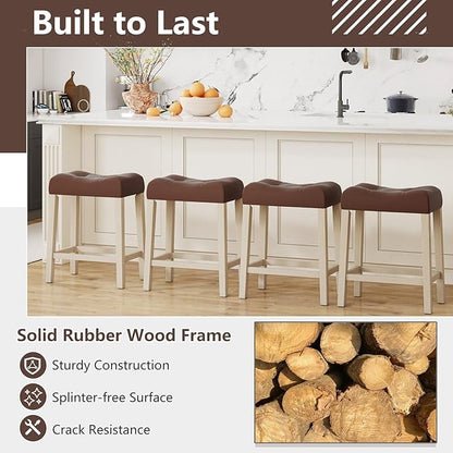 Giantex 24" Bar Stools Set of 4, Upholstered Counter Height Saddle Bar Stools with Footrest and Wood Legs, Farmhouse Faux Leather Backless Barstools for Kitchen Island, Dining Room, Cafe, Brown+Beige