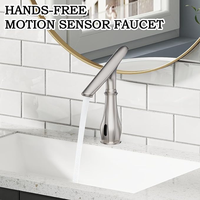 Touchless Bathroom Sink Faucets, Brushed Nickel Bathroom Faucet Single Hole, Automatic Motion Sensor Battery Operated with Cover Plate and Mixing Valve for Commercial and Home