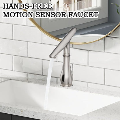 Touchless Bathroom Sink Faucets, Brushed Nickel Bathroom Faucet Single Hole, Automatic Motion Sensor Battery Operated with Cover Plate and Mixing Valve for Commercial and Home