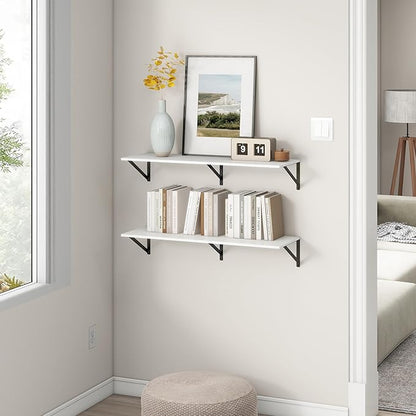 36"W x 12"D Floating Shelves, White Deep Floating Shelves for Wall with Brackets, 12 Inch Deep Wall Shelves for Books, Wide Display Storage Shelves for Bathroom, Living Room, 36 Inch Long, Set of 2