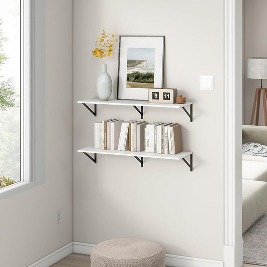 36"W x 12"D Floating Shelves, White Deep Floating Shelves for Wall with Brackets, 12 Inch Deep Wall Shelves for Books, Wide Display Storage Shelves for Bathroom, Living Room, 36 Inch Long, Set of 2
