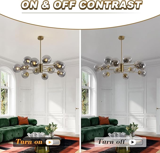 KCO Lighting Modern Large Sputnik Chandelier Gold Sputnik Ceiling Light Fixture 12-Lights Smoke Glass Globe Flush Mount Chandelier Mid Century Round Dining Room Chandelier