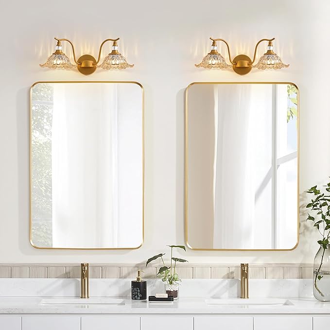 Vintage Bathroom Vanity Light Fixtures - 2 Light Antique Brass Bathroom Lights Fixture Over Mirror with Amber Flower Glass,Retro Brushed Gold Bronze Wall-Mounted Vanity Lighting for Powder Room