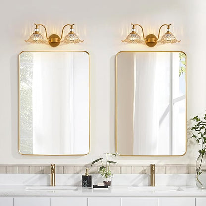 Vintage Bathroom Vanity Light Fixtures - 2 Light Antique Brass Bathroom Lights Fixture Over Mirror with Amber Flower Glass,Retro Brushed Gold Bronze Wall-Mounted Vanity Lighting for Powder Room