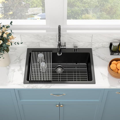 Sarlai 33 Granite Composite Kitchen Sink - 33"×22" Granite Kitchen Sink Drop In Topmount Matte Black Quartz Classic Above Counter Single Bowl Basin
