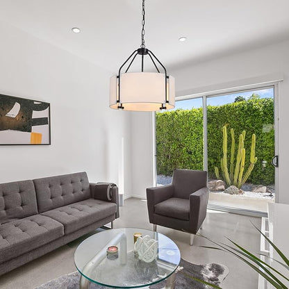 Drum Chandeliers, 18'' Drum Pendant Light Fixture with White Linen Fabric Shade, White Chandelier Adjustable Modern Farmhouse Hanging Lights for Dining Room Bedroom Kitchen Foyer Entryway