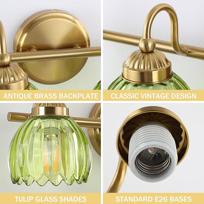 Vintage Bathroom Light Fixtures, Brass Vanity Lights with Green Tulip Glass Shade, Vanity Sconces for Bathroom Bedroom Living Room Hallway, 2-Light