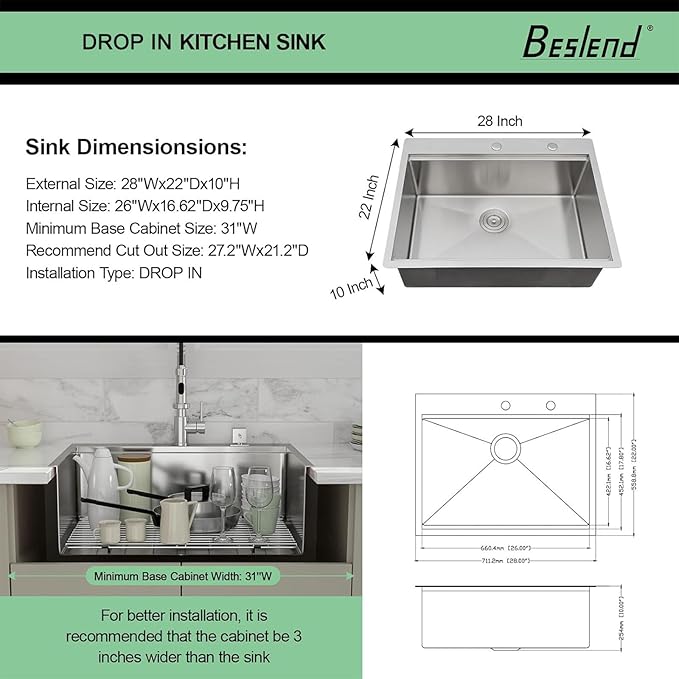 28 Inch Drop In Kitchen Sink - Beslend Stainless Steel Ledge Workstation Sinks 16 Gauge Top Mount Handmade Welding Large Single Bowl Over Counter Kitchen Basin with Accessories 28x22x10