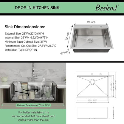 28 Inch Drop In Kitchen Sink - Beslend Stainless Steel Ledge Workstation Sinks 16 Gauge Top Mount Handmade Welding Large Single Bowl Over Counter Kitchen Basin with Accessories 28x22x10
