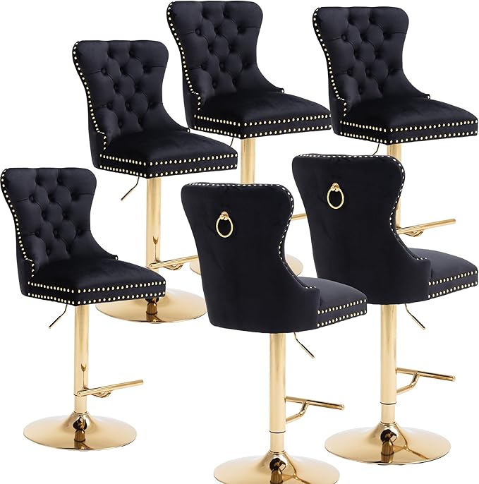 Rhomtree 27-36 Inch Swivel Bar Stools, Adjustable Counter Height Barstools with Tufted High Back & Ring Pull Golden Footrest, Upholstered Bar Chairs for Home Bar Kitchen Island(Black Set of 6)