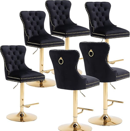 Rhomtree 27-36 Inch Swivel Bar Stools, Adjustable Counter Height Barstools with Tufted High Back & Ring Pull Golden Footrest, Upholstered Bar Chairs for Home Bar Kitchen Island(Black Set of 6)