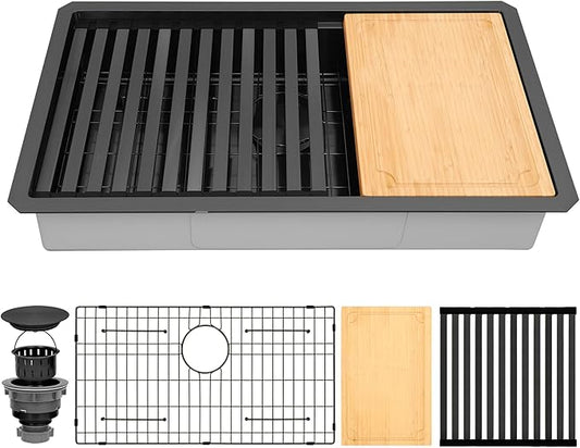 Black Undermount Kitchen Sink 30 x 18 Inch,16 Gauge 304S Stainless Steel Workstation Sinks with Ledge & Accessories, 30" x 18" x 6" ADA-Compliant Kitchen Sink, 6 Inch Deep ADA Black Sink
