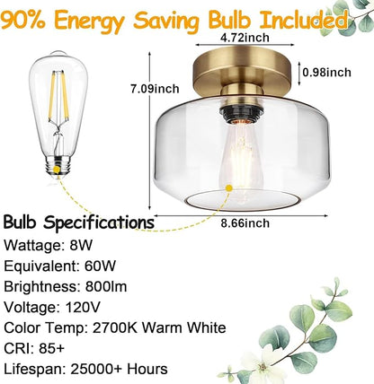 Lynnoland Industrial Semi Flush Mount Ceiling Light Brass, 800 Lumen LED Bulb Included, Clear Glass Shade Ceiling Light Fixture, Light Fixture for Hallway Bathroom Bedroom, Vintage Hanging Lighting