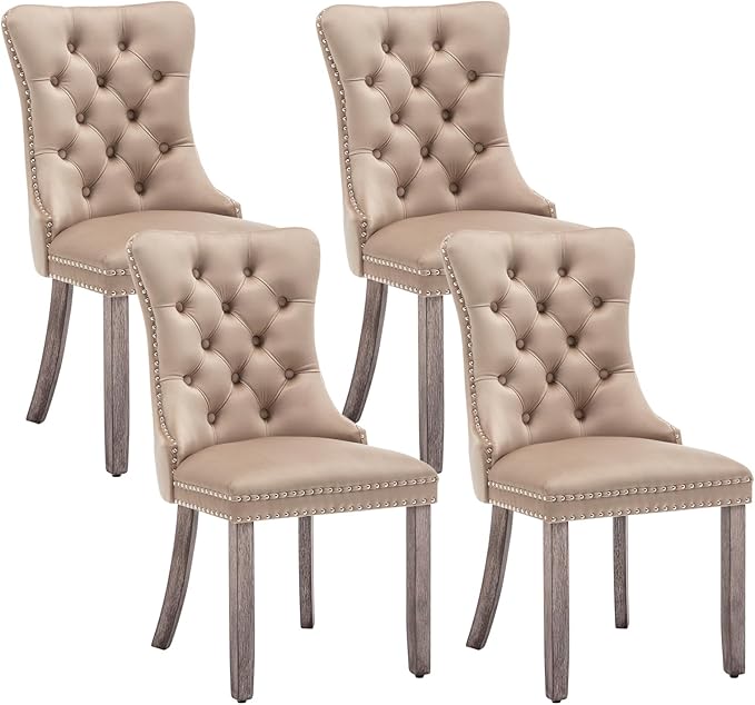 Eifizek Velvet Dining Chairs Set of 4, Upholstered Dining Room Chairs with Nailhead Ring Pull Trim, Button Tufted Wing Back Chairs for Dining with Solid Wood Legs for Kitchen Dining Room(Khaki)