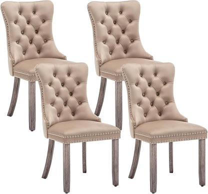 Eifizek Velvet Dining Chairs Set of 4, Upholstered Dining Room Chairs with Nailhead Ring Pull Trim, Button Tufted Wing Back Chairs for Dining with Solid Wood Legs for Kitchen Dining Room(Khaki)