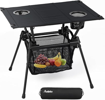 Anbte Ultralight Portable Camping Table, 3.2lb Folding Camping Table with Cup Holders & Storage Net, 20in Height for Camping Hiking Tailgating Beach Picnic Travel Patio, 23" x 16", Black