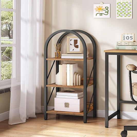 HOOBRO Bookshelf, 3-Tier Bookshelf Arched Display Racks, Industrial Bookcase with Metal Frame, Book Shelf Storage Organizer for Living Room, Office, Bedroom, Rustic Brow and Black BF423SJ01