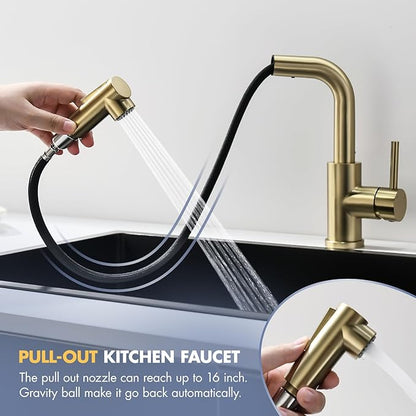 GIMILI Modern Bar Sink Faucet for Kitchen Sink Single Handle with Pull Out Sprayer Hot and Cold Prep Sink Faucet Brushed Gold