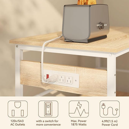 IBUYKE Kitchen Island with Storage, Bakers Rack with Power Outlet,Microwave Stand with Large Worktop,Rolling Bar Cart for Home, Outdoor, Kitchen,Light Wood TMJ029R