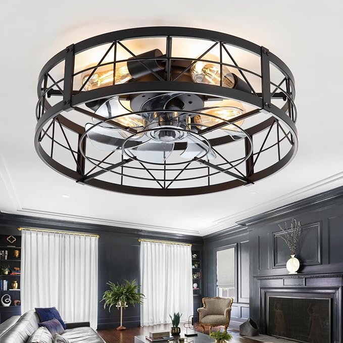 ZYD Caged Ceiling Fan with Light, 20" Ceiling Fan with Lights and Remote Flush Mount, Bladeless Caged Ceiling Fans with Lights, Matte Black Rustic Fan for Bedroom, Kitchen, Dining Room