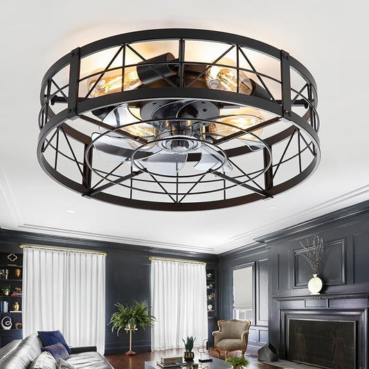 ZYD Caged Ceiling Fan with Light, 20" Ceiling Fan with Lights and Remote Flush Mount, Bladeless Caged Ceiling Fans with Lights, Matte Black Rustic Fan for Bedroom, Kitchen, Dining Room
