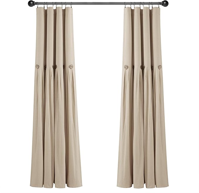 Lush Decor Linen Button Window Curtain Panel, Single, 40" W x 84" L, Dark Linen - Country Curtains - Rustic Decor - Color Block Modern Farmhouse Curtains For Living Room, Bedroom & Dining Room