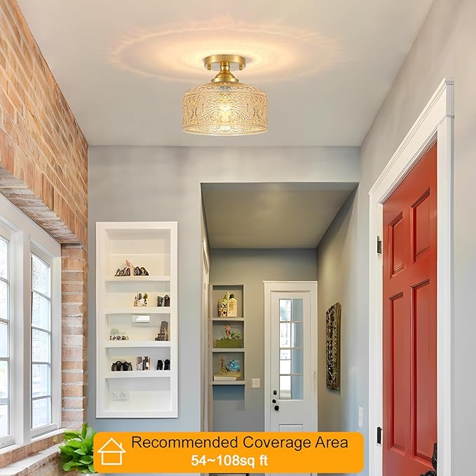 Daunton Small Semi Flush Mount Ceiling Light Fixture, Vintage Gold Close to Ceiling Lighting with Amber Etched Glass Shade for Hallway, Kitchen, Entryway (Retro Design, Easy Install)
